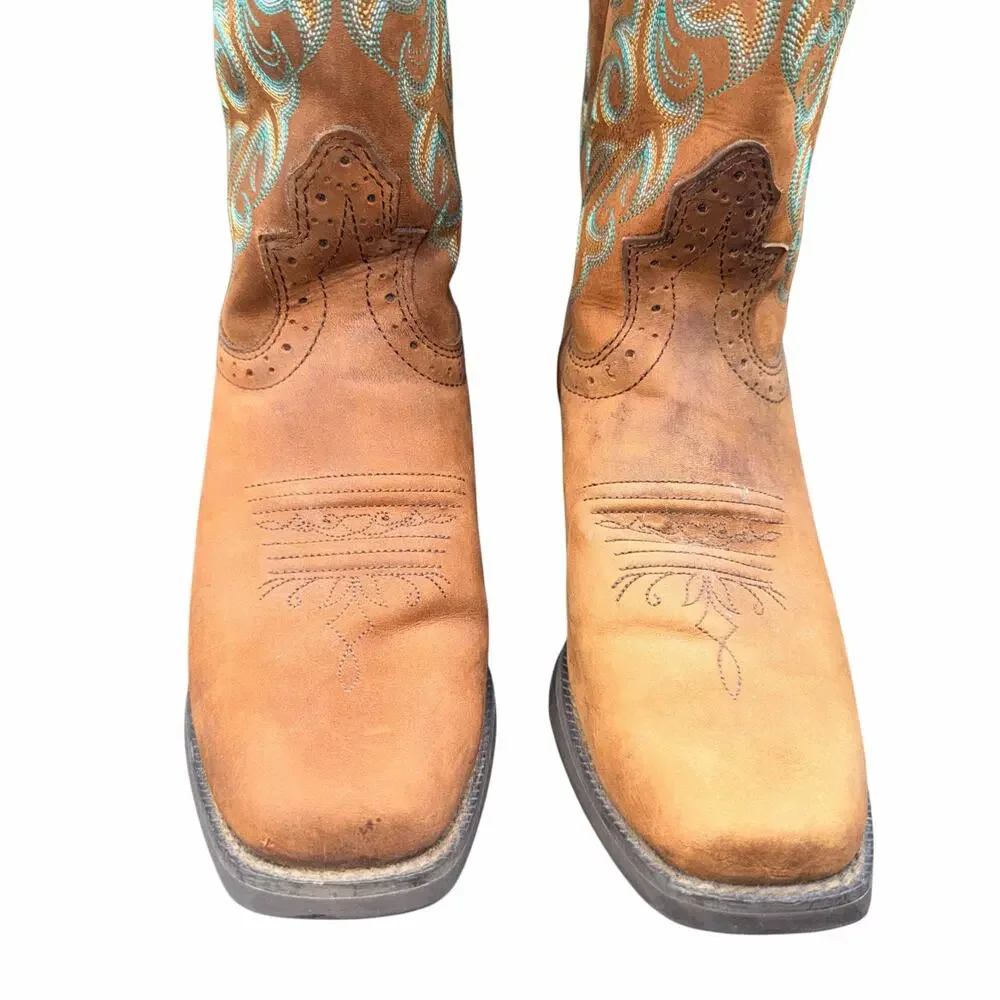Justin Leather Western Boots Tan Turquoise Stitch Women 7B